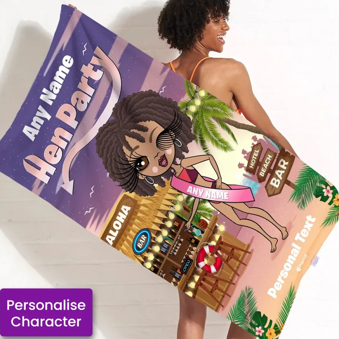 ClaireaBella Womens Personalised Beach Towel - Hen Beach Bar